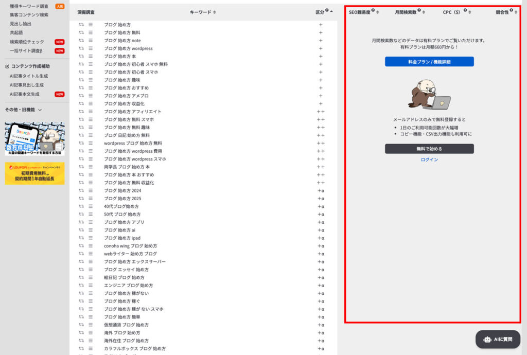無料版ラッコキーワードで「ブログ　始め方」を検索した結果